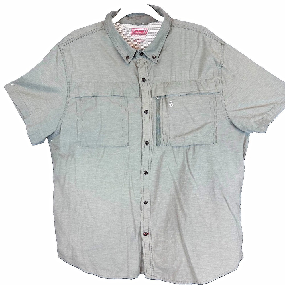 Coleman Mens XL Gray Solid Cotton Woven Button Up Short Sleeve Shirt Pockets